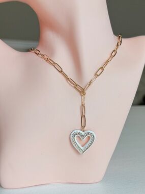 Gold-Tone Chain Necklace with White Heart Pendant